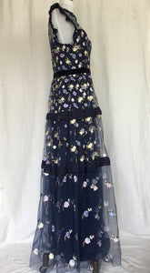Navy Blue Embroidered Tulle Maxi Dress – Floral Sheer Evening Gown